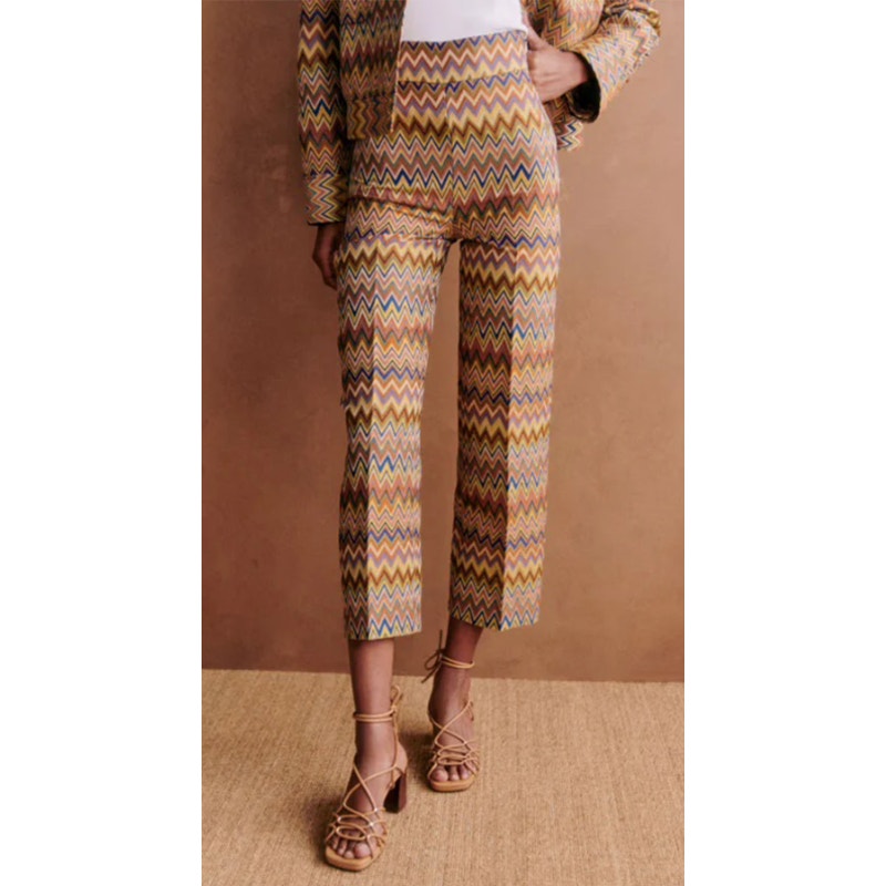Sezane Jenson Yellow Multicolor Jacquard ZigZag Print Trousers Womens 36 / US 4