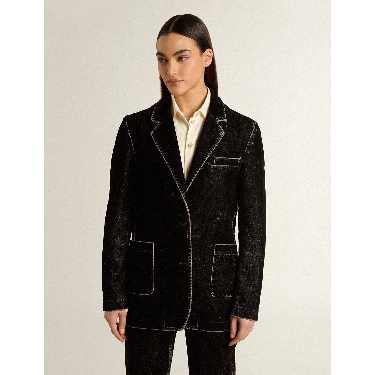 Golden Goose Black Denim Classic Fit Jacket with Velvet Effect Womens 38 / US 2