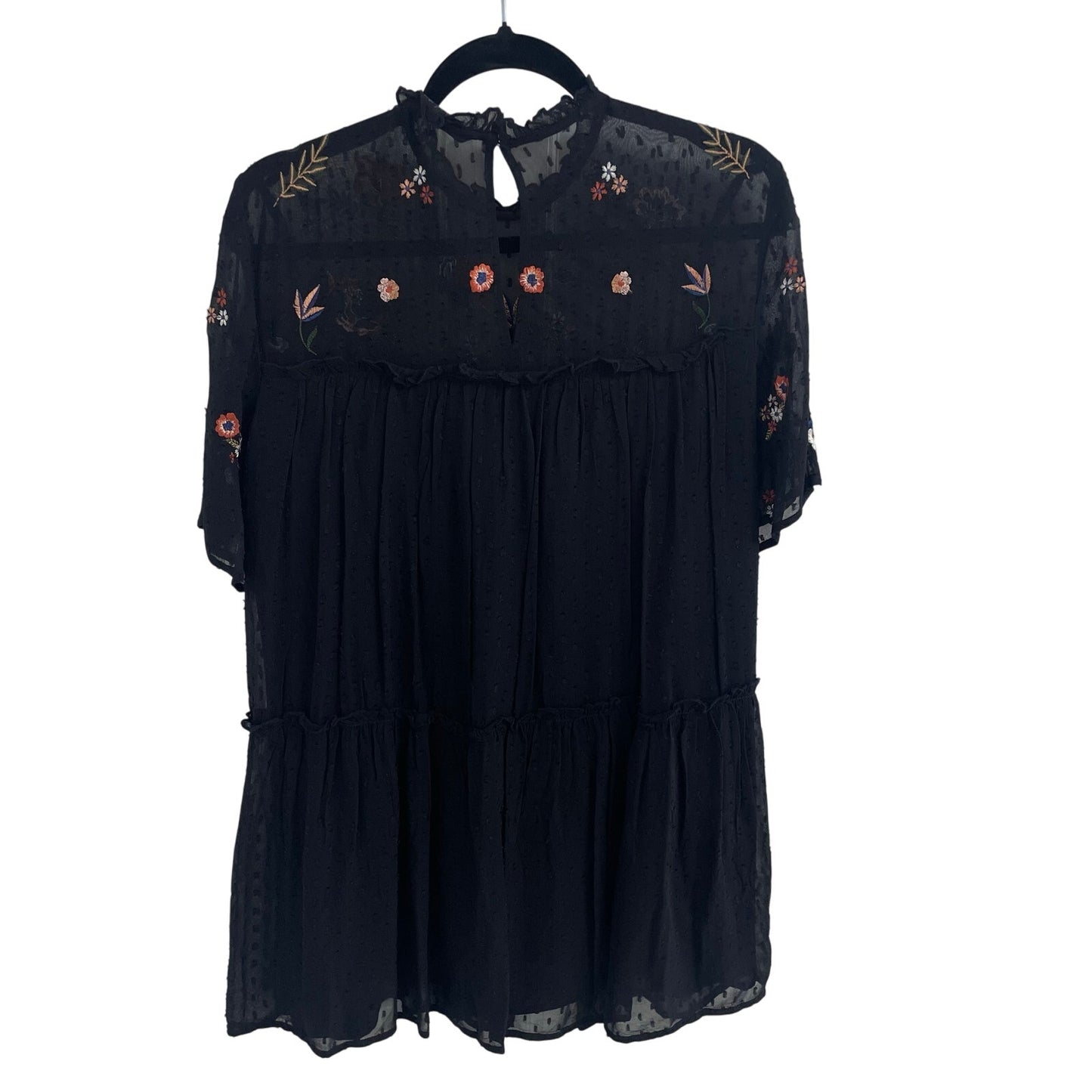 Zara Woman Mesh Dot Black Floral Embroidered Short Sleeve Dress Size Medium