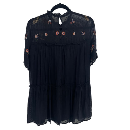 Zara Woman Mesh Dot Black Floral Embroidered Short Sleeve Dress Size Medium