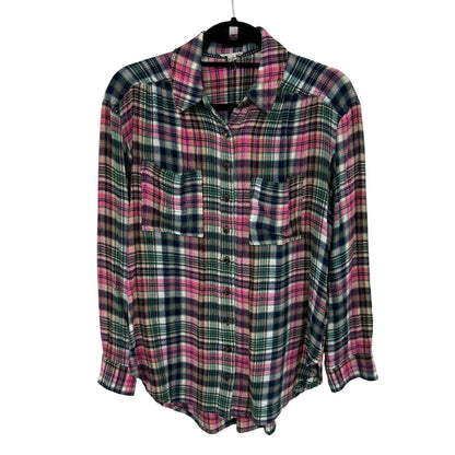 Pilcro Anthro Pink Green Plaid Hadley Relaxed Button Down Womens Petite Small
