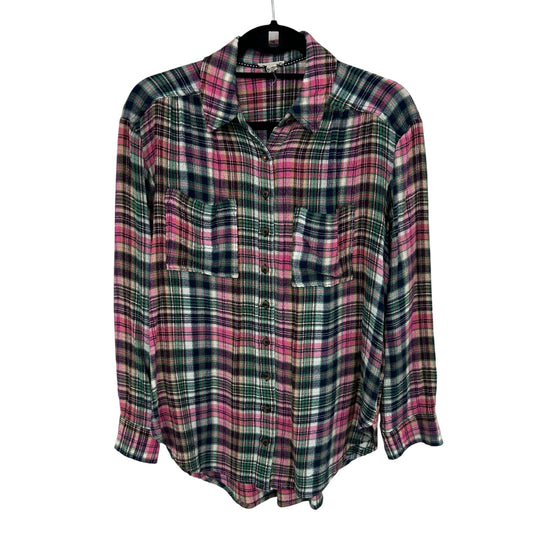 Pilcro Anthro Pink Green Plaid Hadley Relaxed Button Down Womens Petite Small