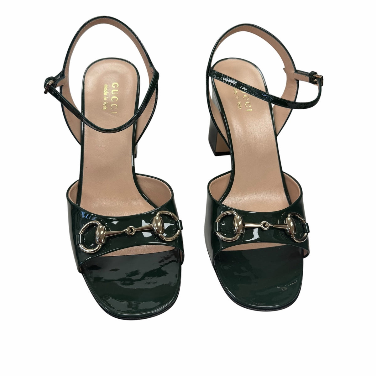 Gucci Lady Horsebit 75 Patent Leather Sandals Dark Green Size 39 / US 9 Timeless