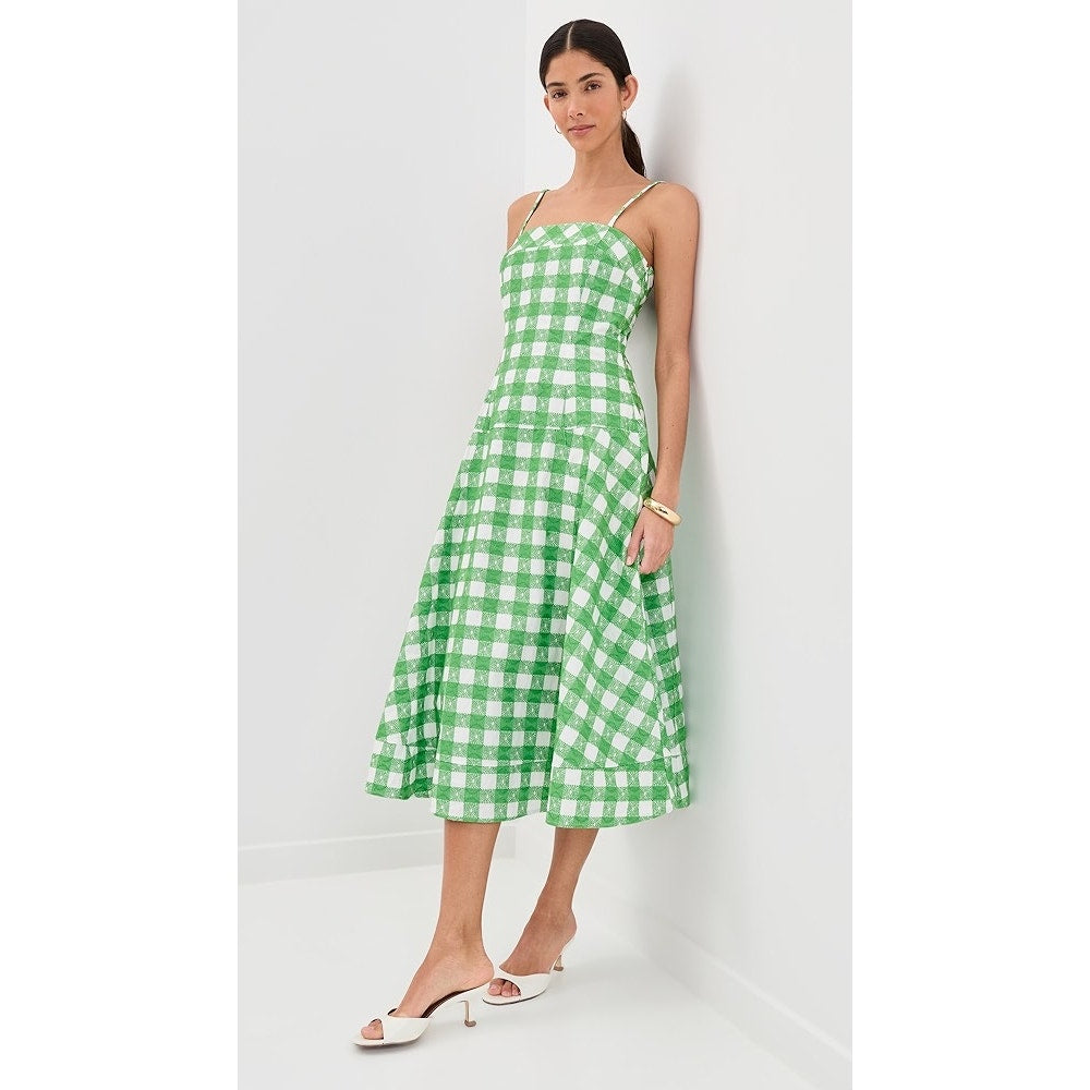NWT Rosie Assoulin Green Picnic Embroiderd Gingham Drop Me a Note Dress Womens 2