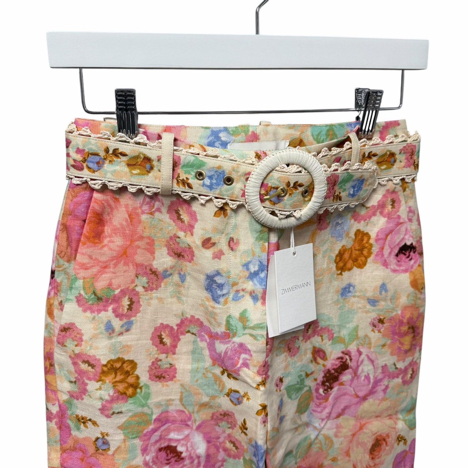 NWT Zimmermann Pure Linen Raie Crop Flare Pant Pink Multi Floral Womens US 4