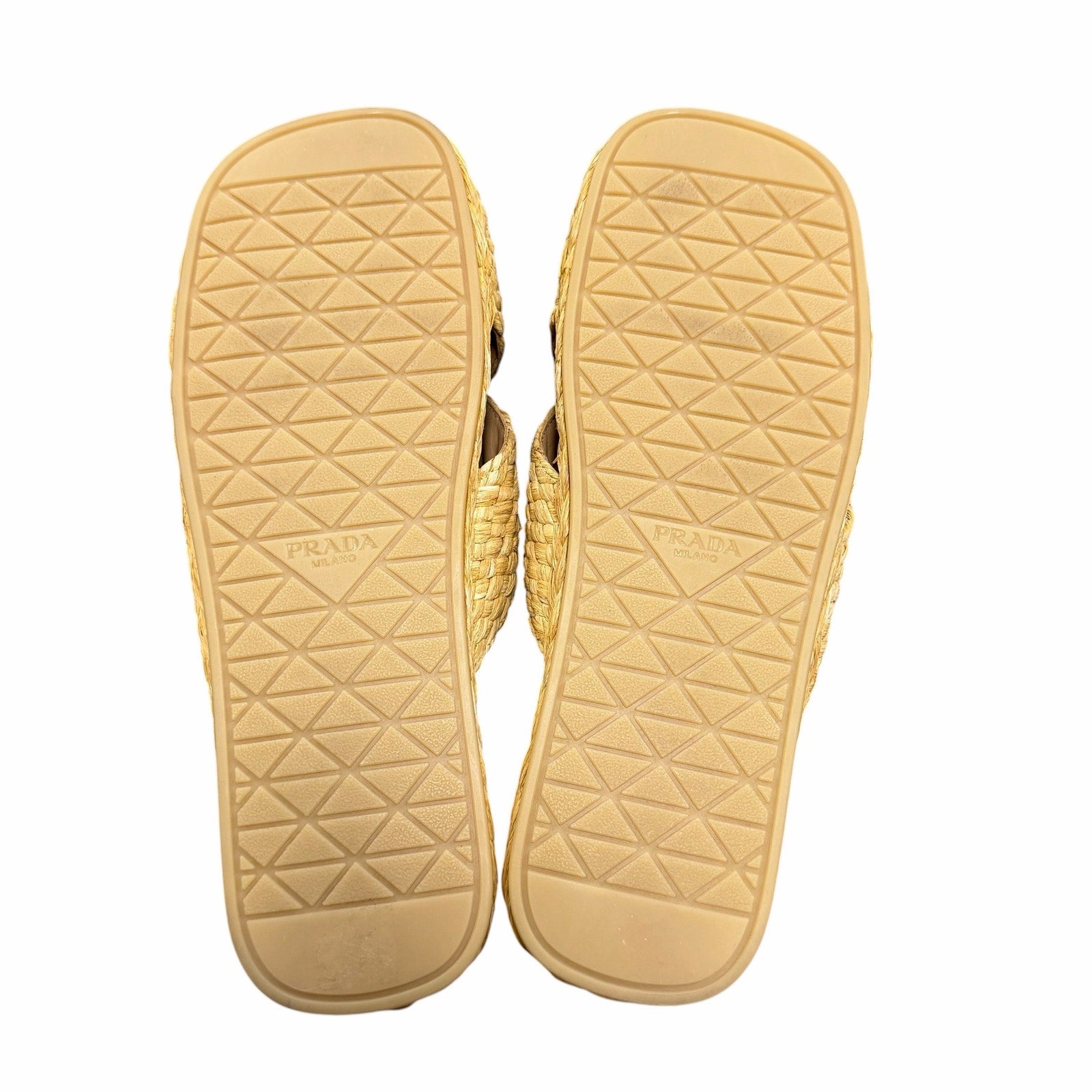 Prada Raffia Criss Cross Slide Sandal Neutral Logo Emblem Size 39 / US 9 Luxury
