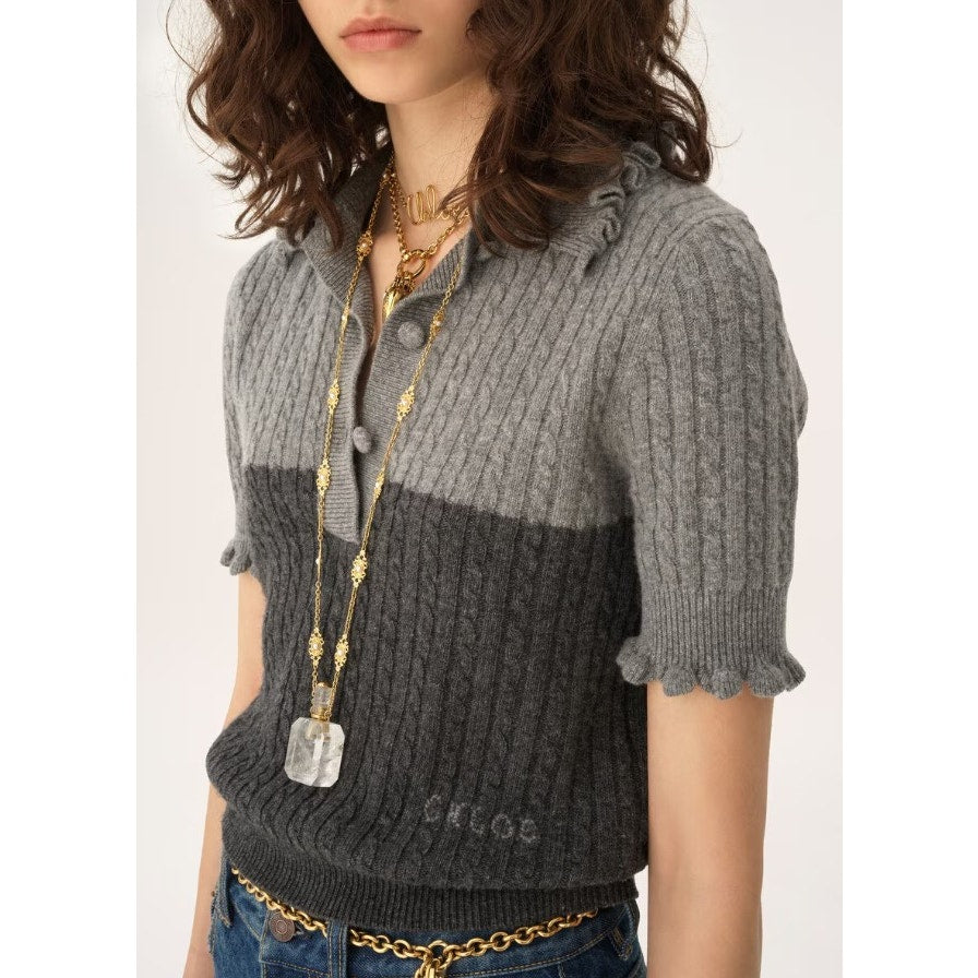 NWT Chloe Short Sleeve Polo Sweater Wool Cashmere Confident Grey Size Small