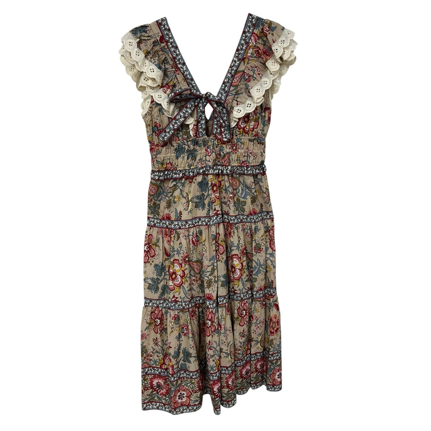 Sea New York Tess Vintage Floral Print Ruffled Cotton Midi Dress Womens 14