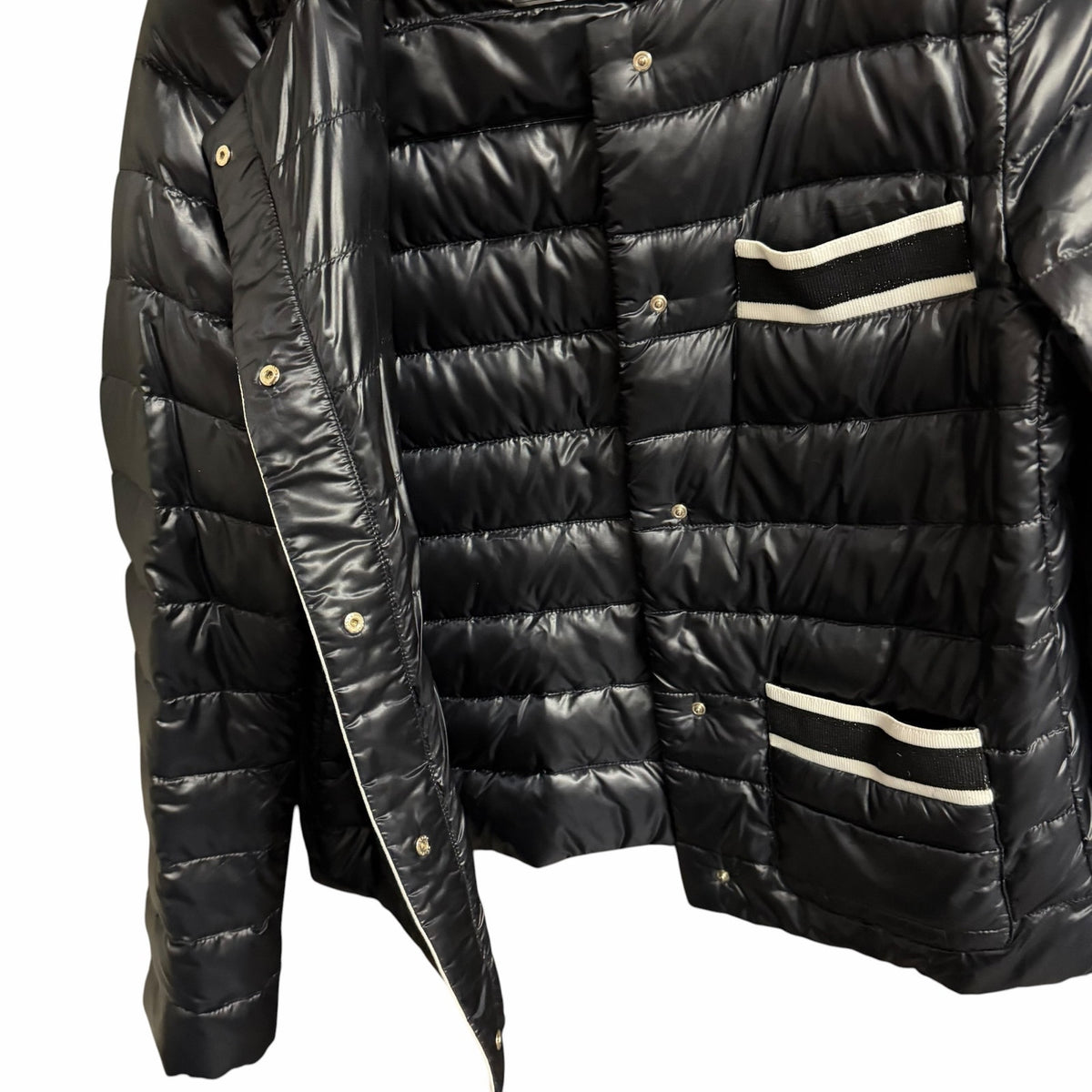 Herno Grosgrain Trim Water Resistant Down Puffer Jacket Black White Size US 8