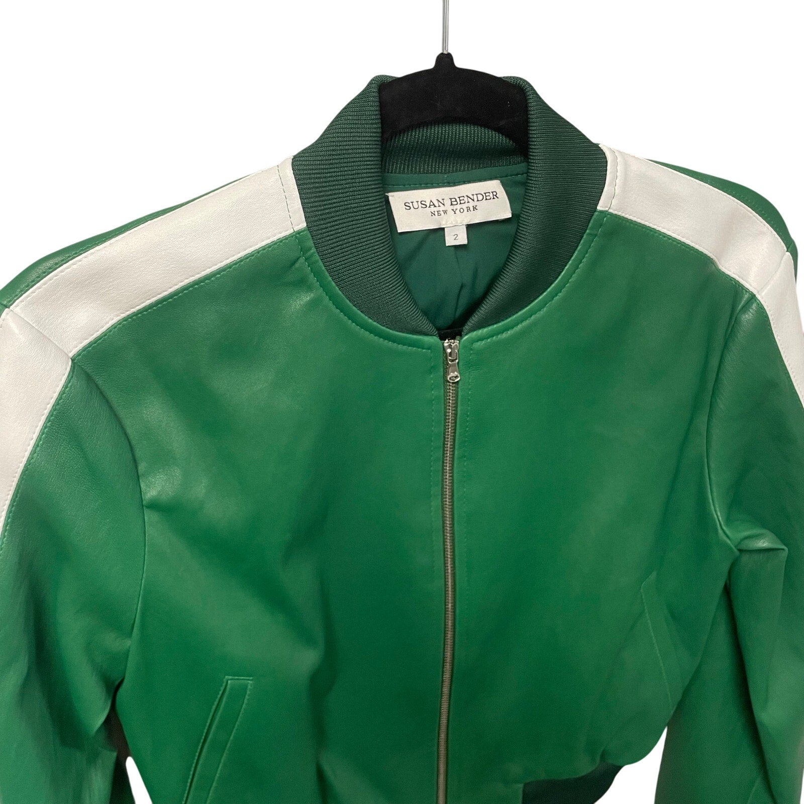 NWT Susan Bender Stretch Leather Stripe Long Sleeve Bomber Jacket Forest Green 2