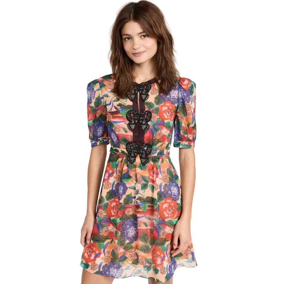 Saloni Jamie Short Dress Multi Dianthus Floral Black Bows Size 4 Romantic Fem