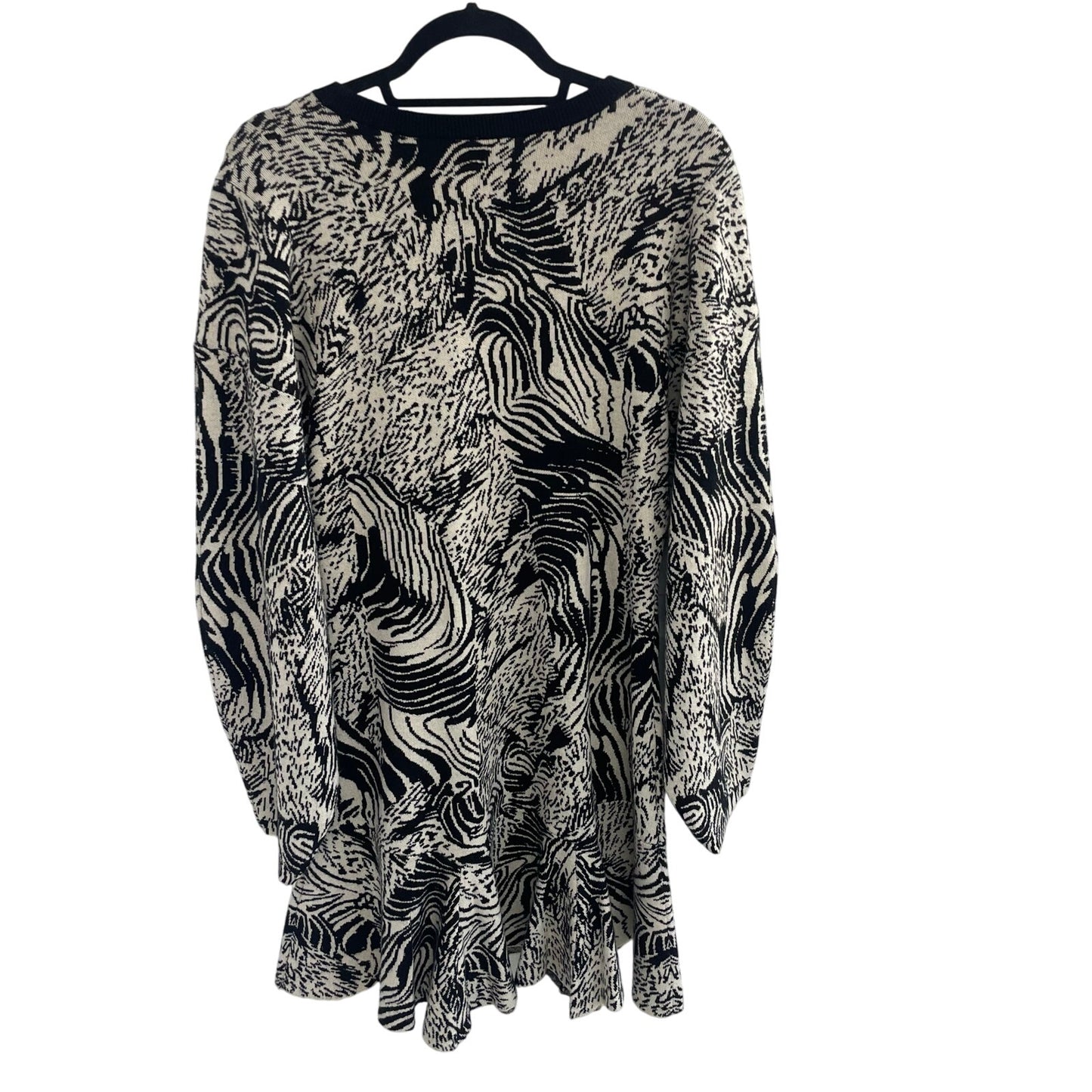 Anthropologie Slim Ruffle Knit Mini Sweater Dress Black Beige Animal Print Large