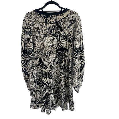 Anthropologie Slim Ruffle Knit Mini Sweater Dress Black Beige Animal Print Large