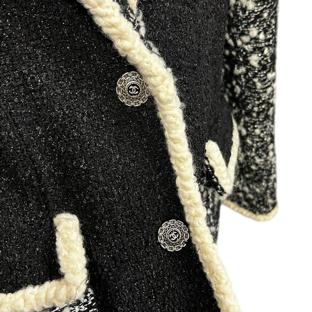 Chanel Black White Cream Trim Tweed Logo Button Front Jacket Womens 36 / US 4