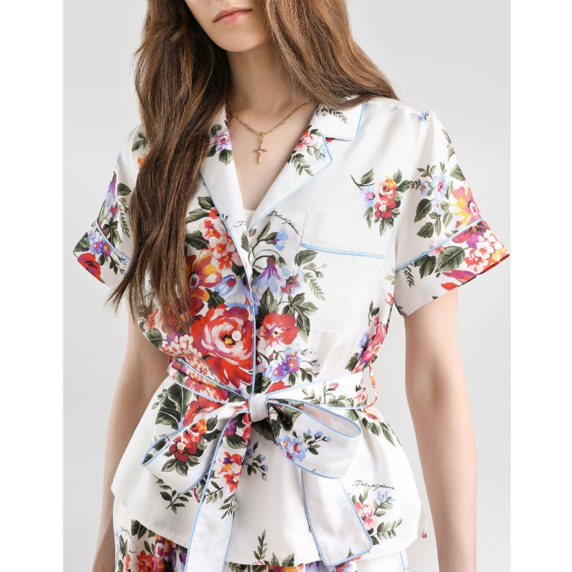 NWT Dolce & Gabbana White Multi Flower Bouquet Print Twill Vanity Shirt 36 US 0