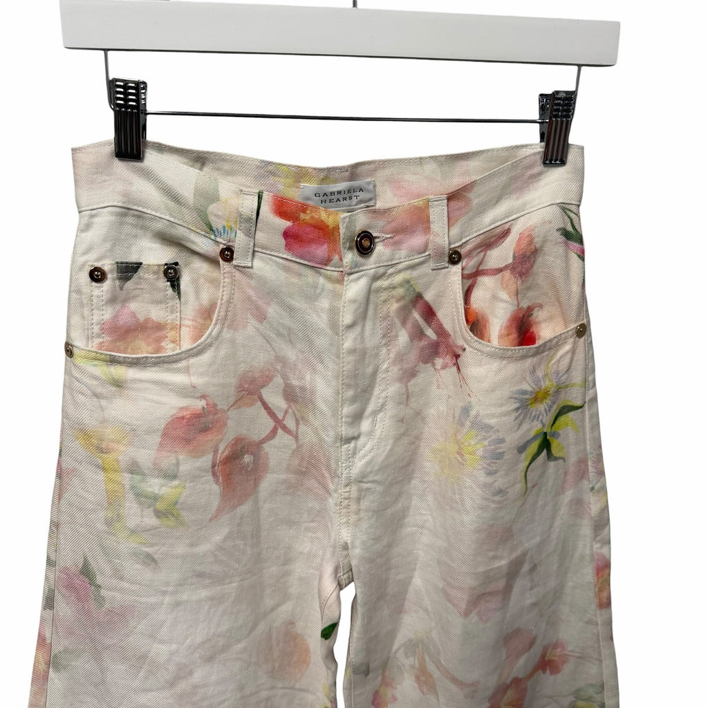 Gabriela Hearst Amoret Printed Linen Barrel-Leg Jeans Multi White Floral Size 24