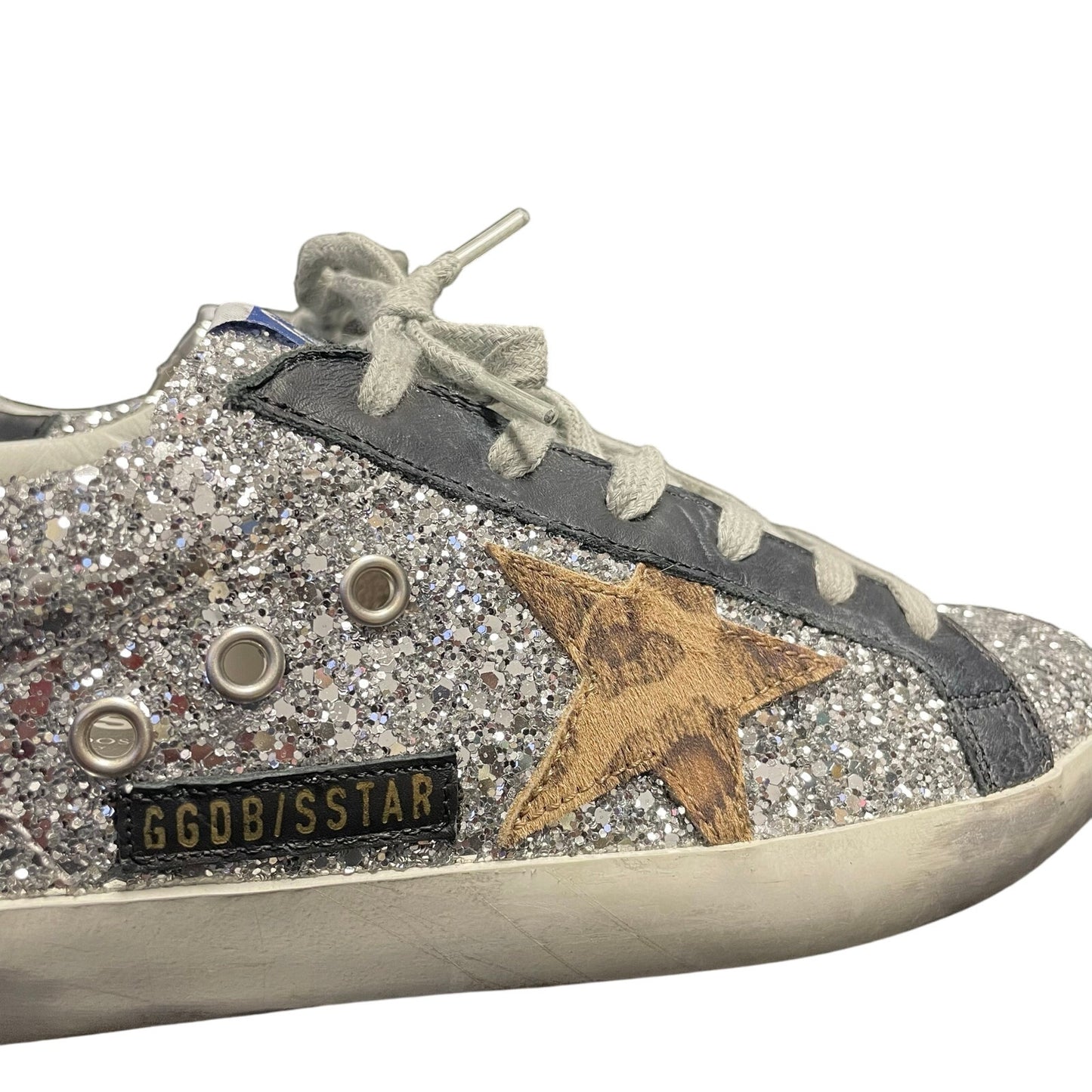Golden Goose Superstar Silver Glitter Animal Print Star Sneakers Size 39 / US 9