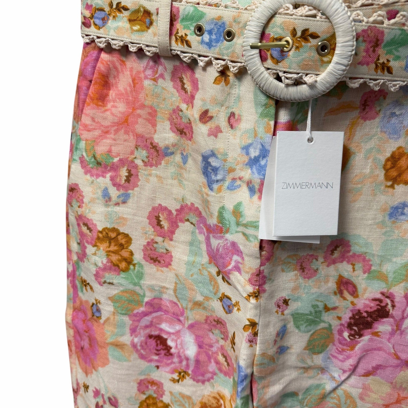 NWT Zimmermann Pure Linen Raie Crop Flare Pant Pink Multi Floral Womens US 4