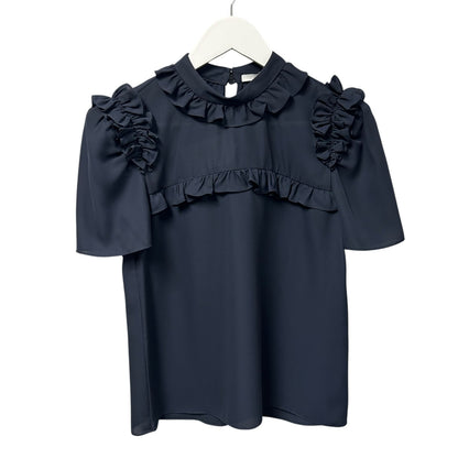 NWT Laura Garcia Navy Blue Short Sleeve Ruffle Betty Blouse Womens 2