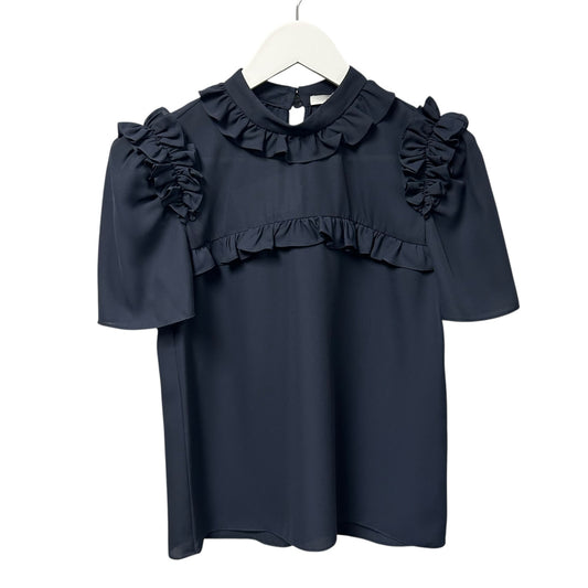 NWT Laura Garcia Navy Blue Short Sleeve Ruffle Betty Blouse Womens 2