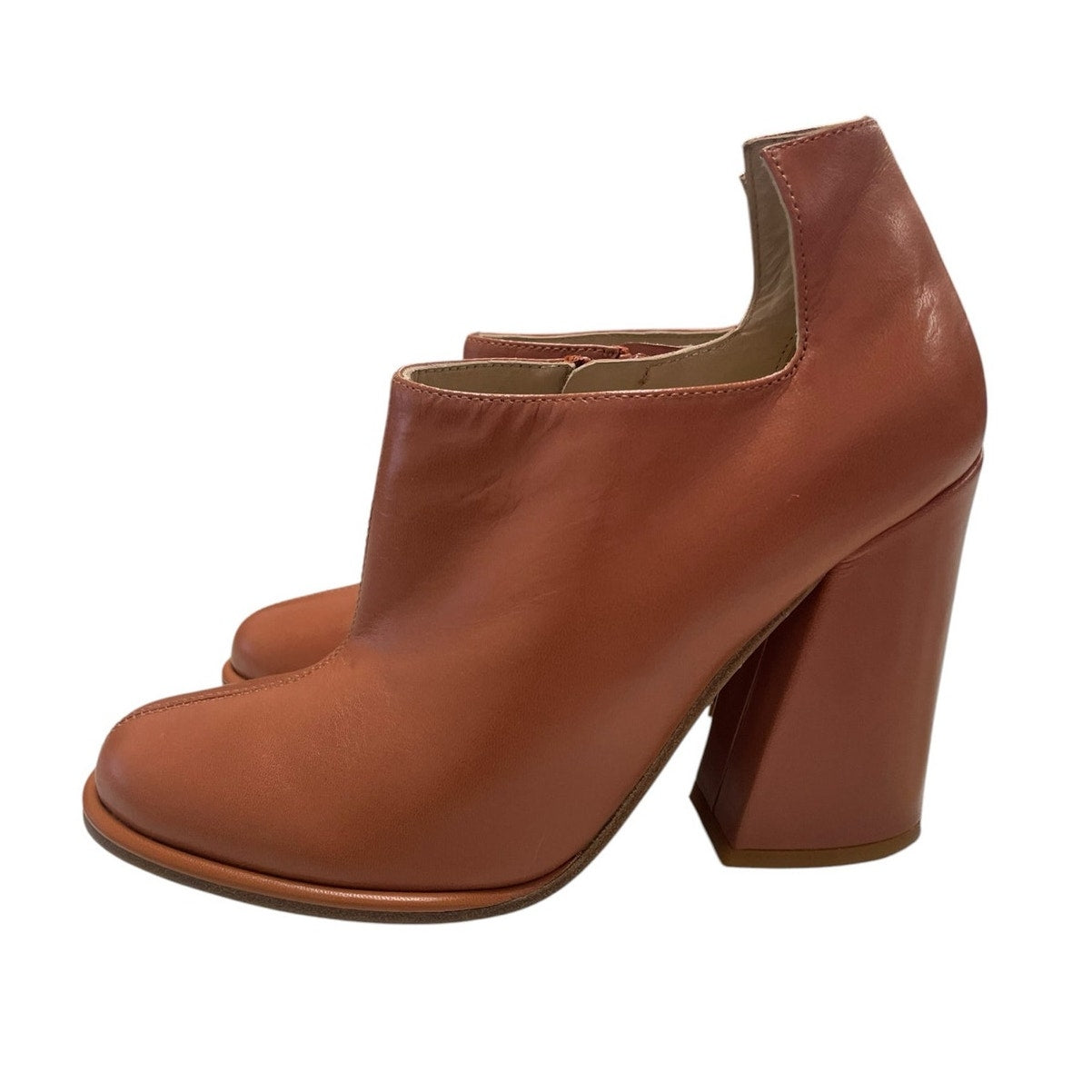 See By Chloe Brown Leather Side Zip Flared Block Heel Ankle Bootie Size 37 US 7