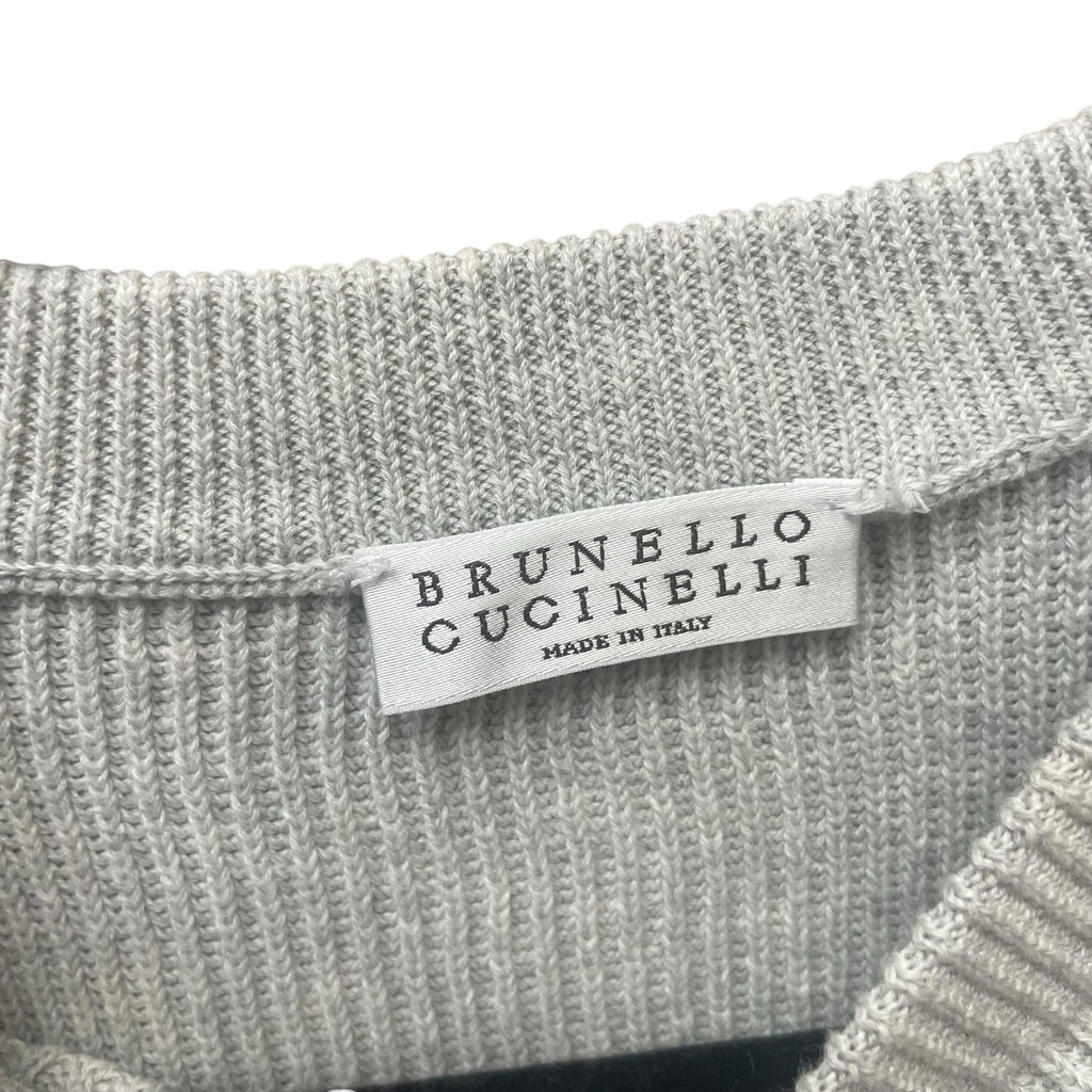 Brunello Cucinelli Cotton Ribbed Knit Sweater Light Grey Pocket Front Size Small