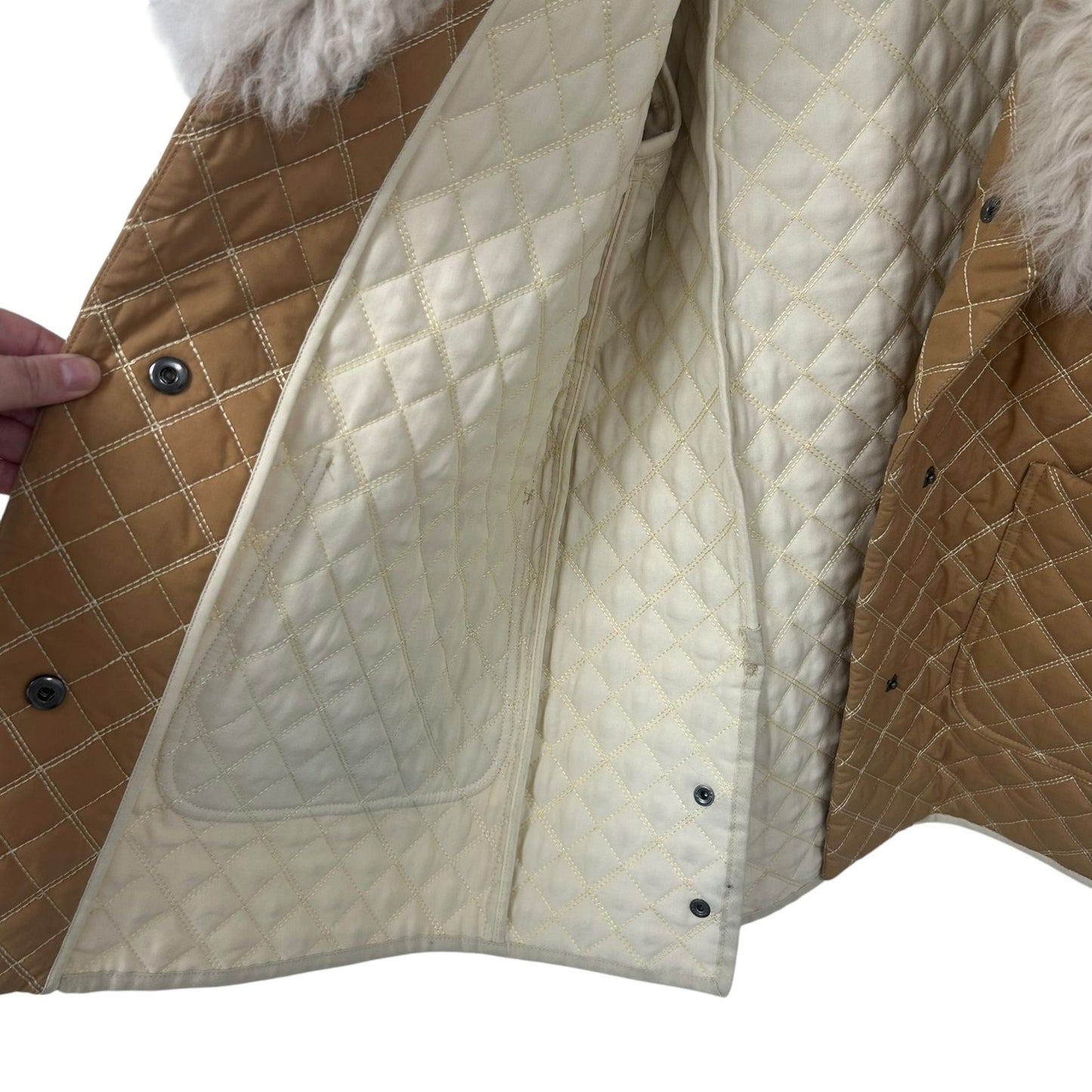 Becken Tan Cream Quilted Button Up Lamb Fur & Lamb Leather Coat Womens Small