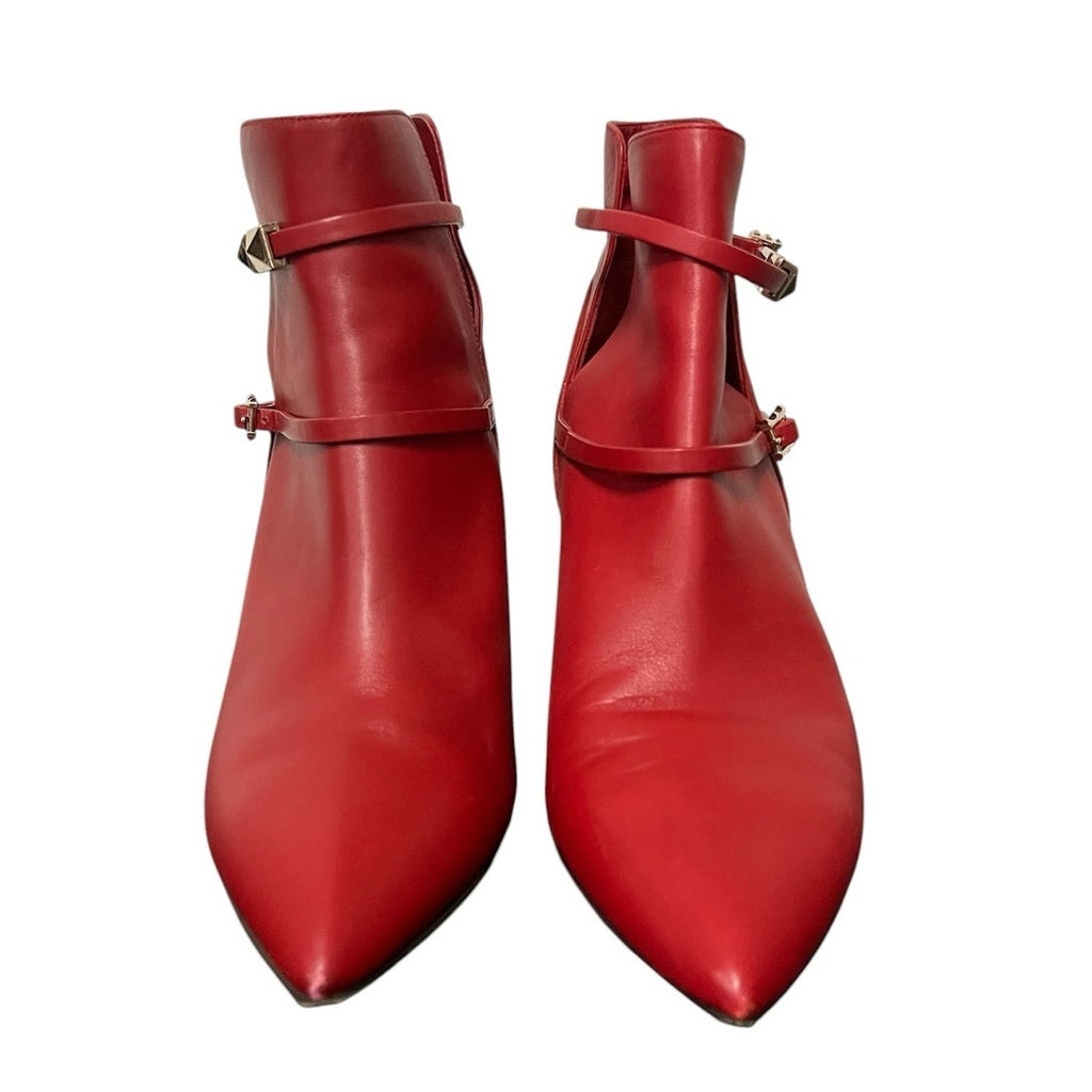 Valentino Garavani Red Leather Rockstud Buckle Accents Boots Size 39 / US 9