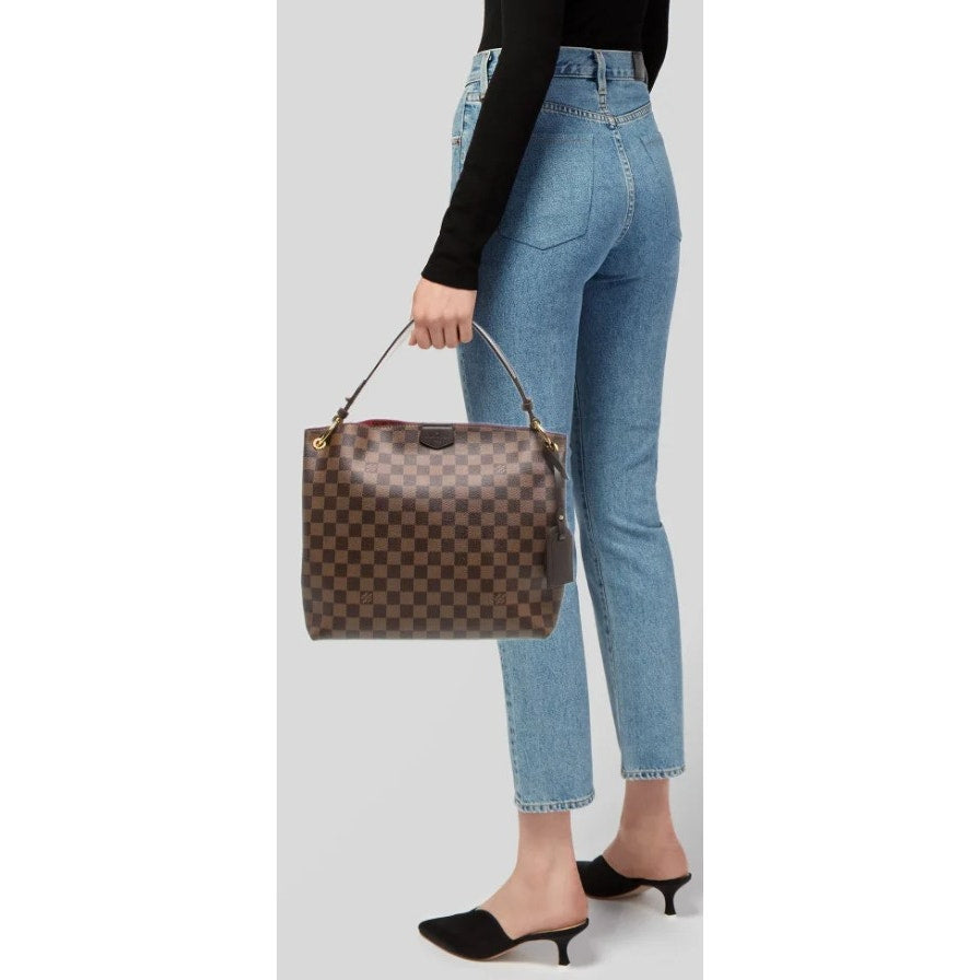 Louis Vuitton Damier Ebene Graceful Hobo PM Handbag Brown Logo Red Lining