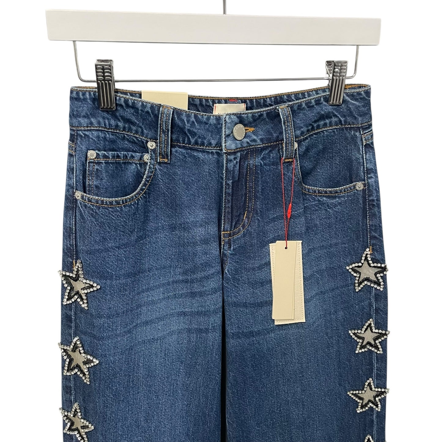 NWT Alice + Olivia Amazing Low Rise Baggy Jean Dark Rinse Star Embellished 24