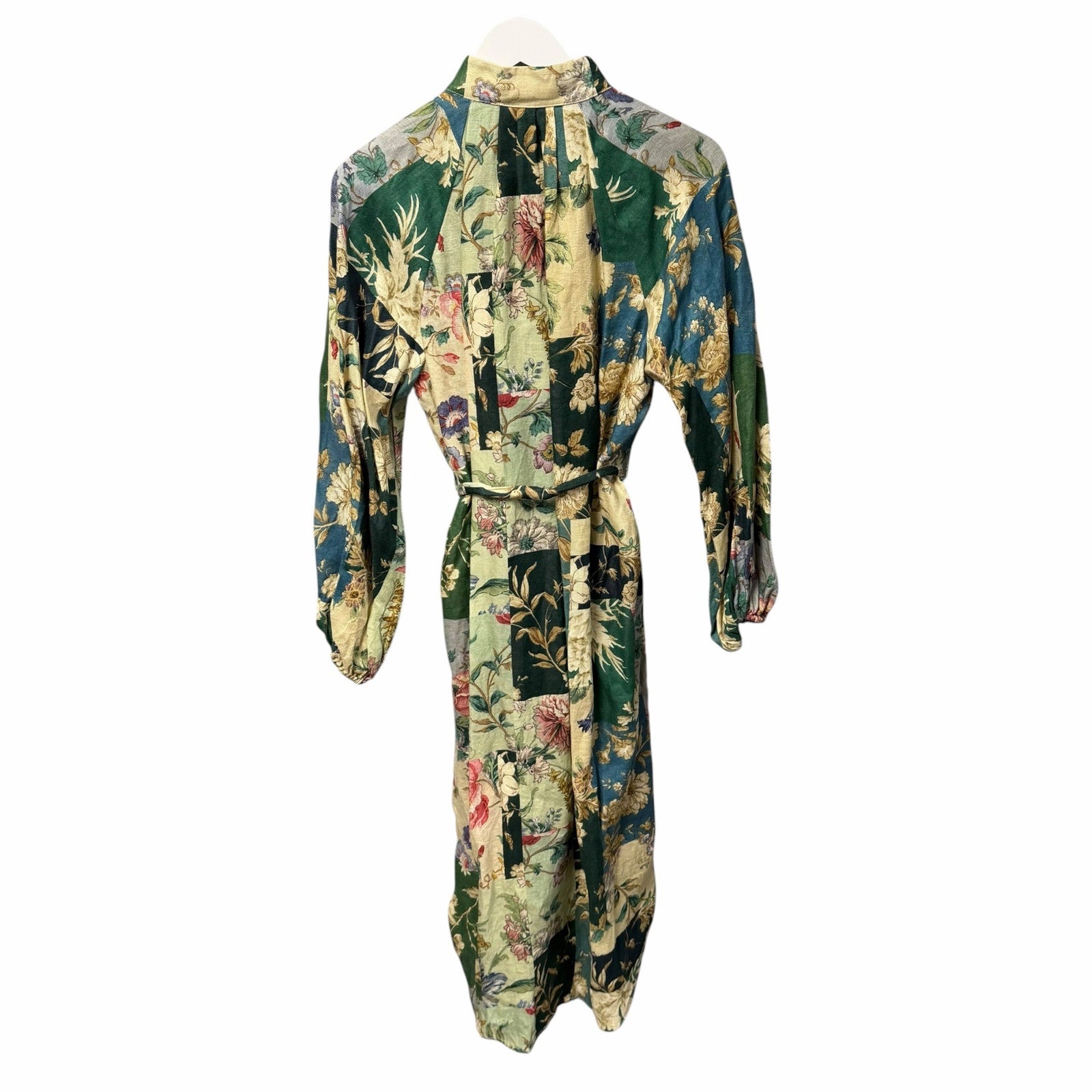 Alemais Loretta Patchwork Dress Green Multi Floral Pure Linen Size AU 12 / US 8