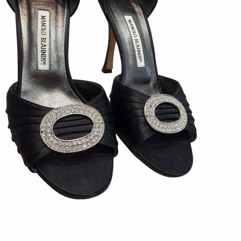 Manolo Blahnik Black Satin Jeweled Sedaraby Heels Crystal Buckle Size 38 / US 8