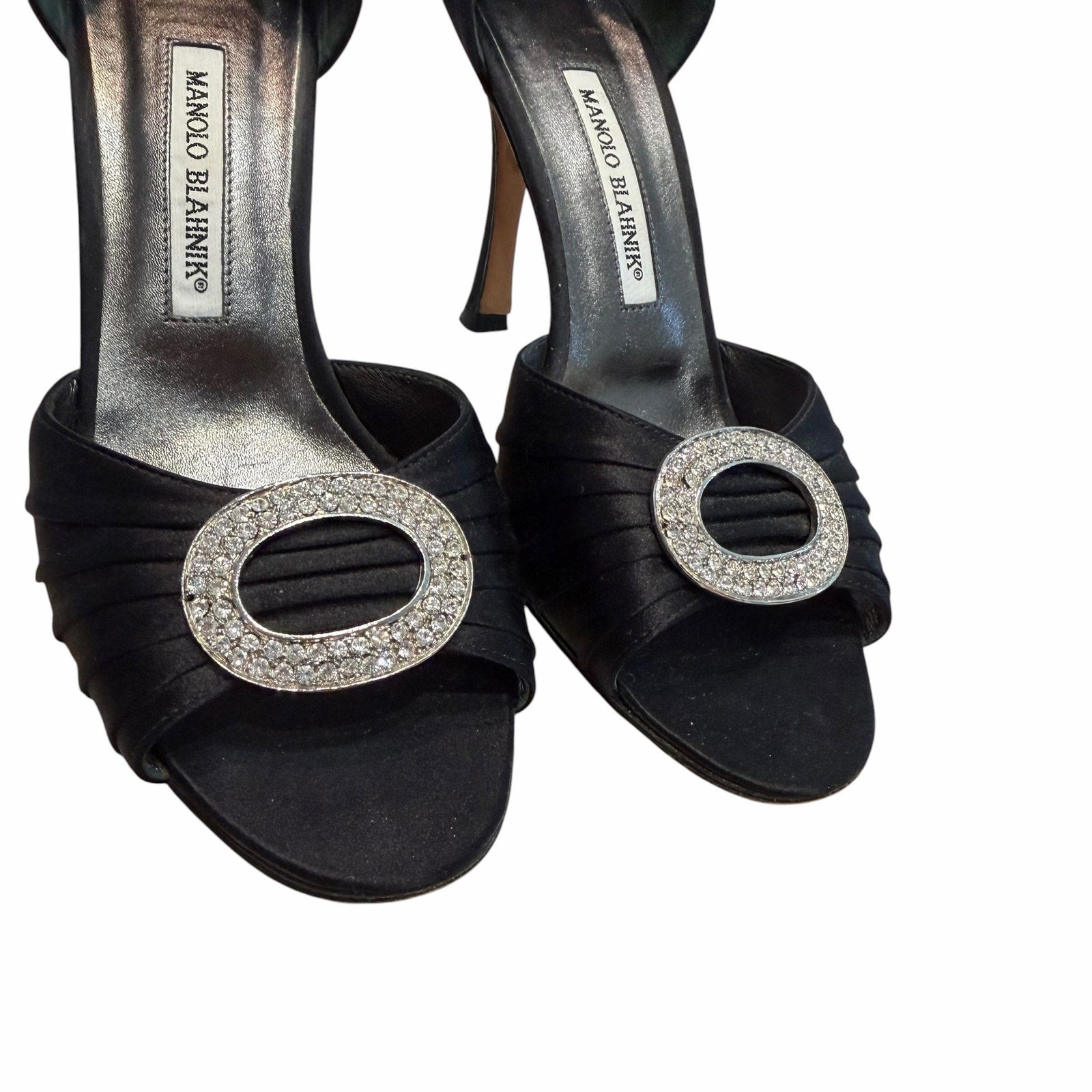 Manolo Blahnik Black Satin Jeweled Sedaraby Heels Crystal Buckle Size 38 / US 8