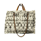 Chanel Cream Gray Canvas Iliad Chain Leather Strap Shopping Tote Bag