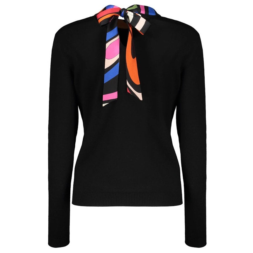 NWT Emilio Pucci Marmo Silk Collar Wool Jumper Sweater Black Tie Back Size Small