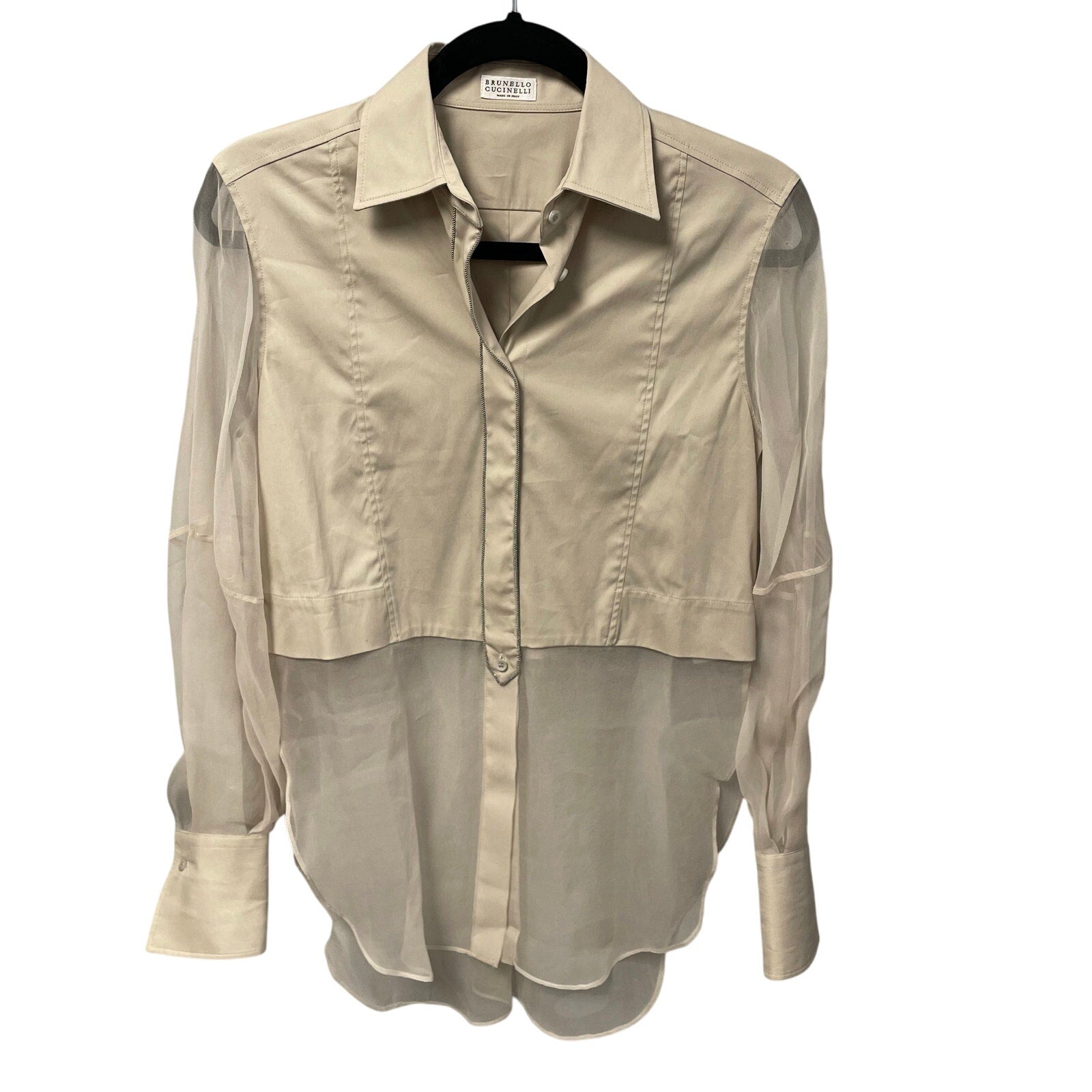 NWD Brunello Cucinelli Monili Trim Shirt in Cotton Silk Blend Beige Womens XXS