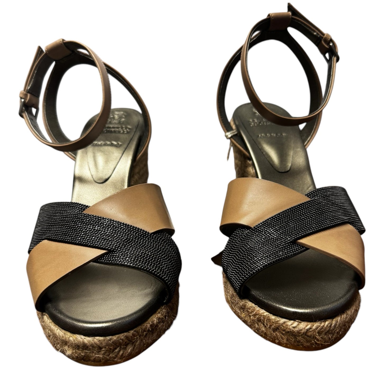 Brunello Cucinelli Tan Black Leather Espedrille Wedge Sandals Womens 9