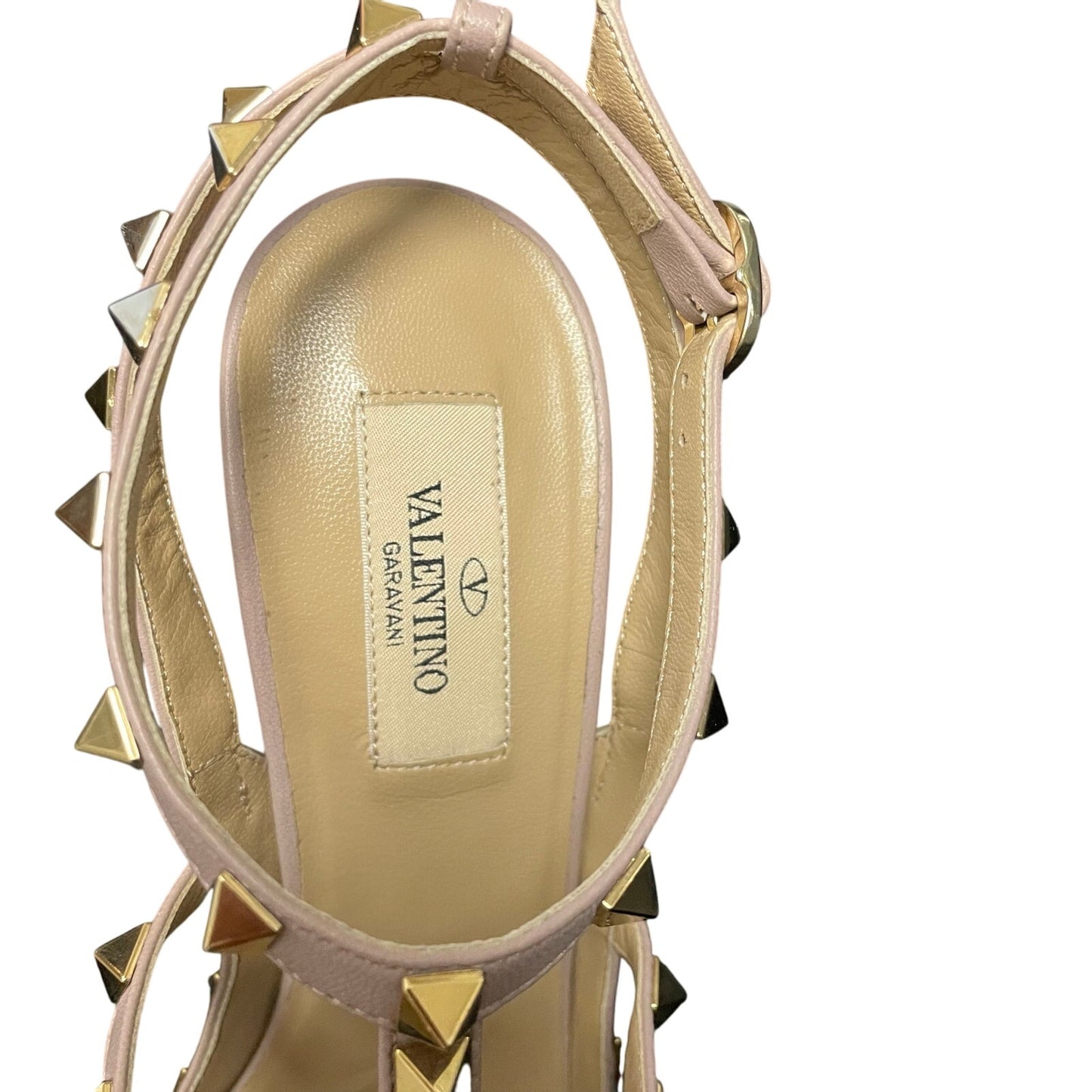 Valentino Garavani Rockstud T Strap Pointed Toe Blush Leather Heels 40 / US 10