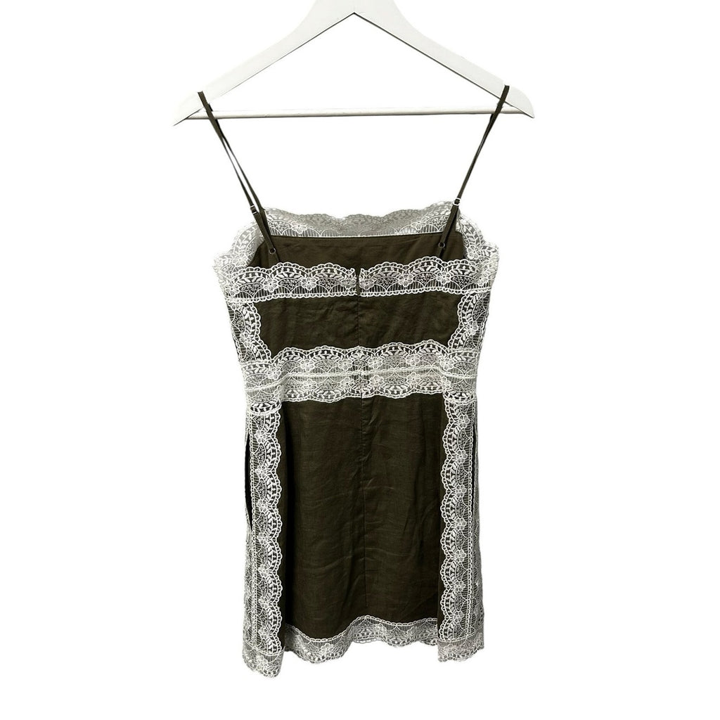 STAUD Green White Lace Trim Amalina Linen Sleeveless Mini Dress Size 2 Romantic