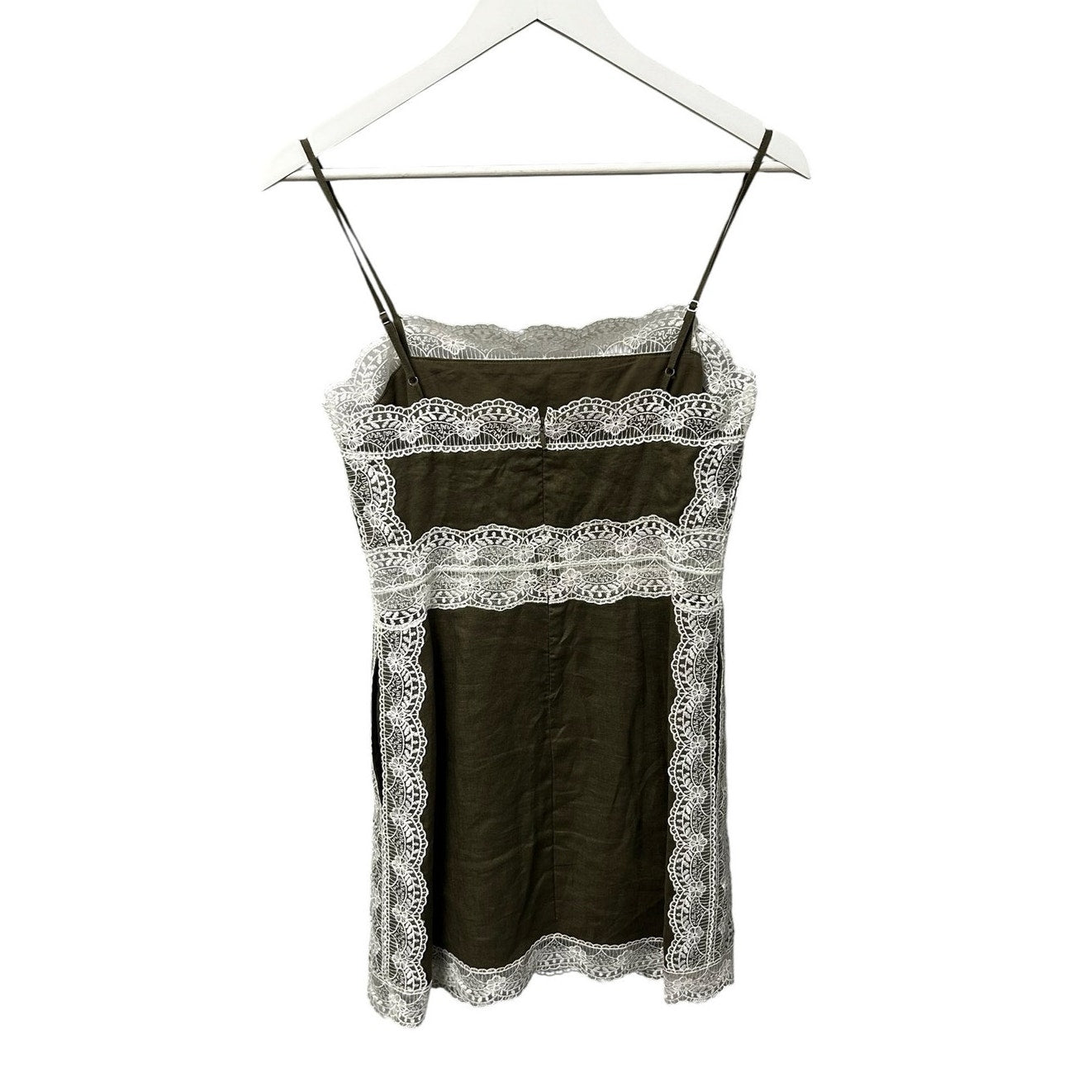 STAUD Green White Lace Trim Amalina Linen Sleeveless Mini Dress Size 2 Romantic