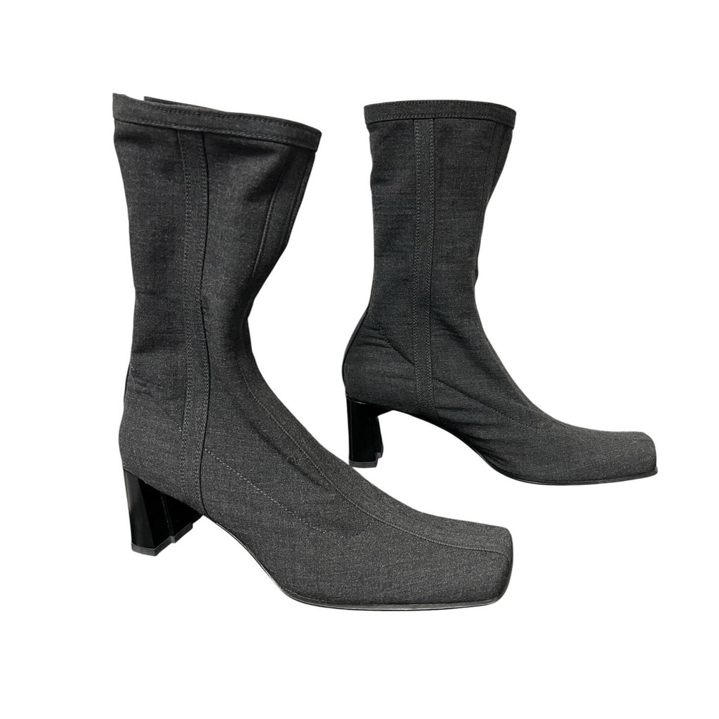 Prada Square Toe Block Heel Sock Boot Gray Womens 36.5 / US 6.5 Designer Y2K