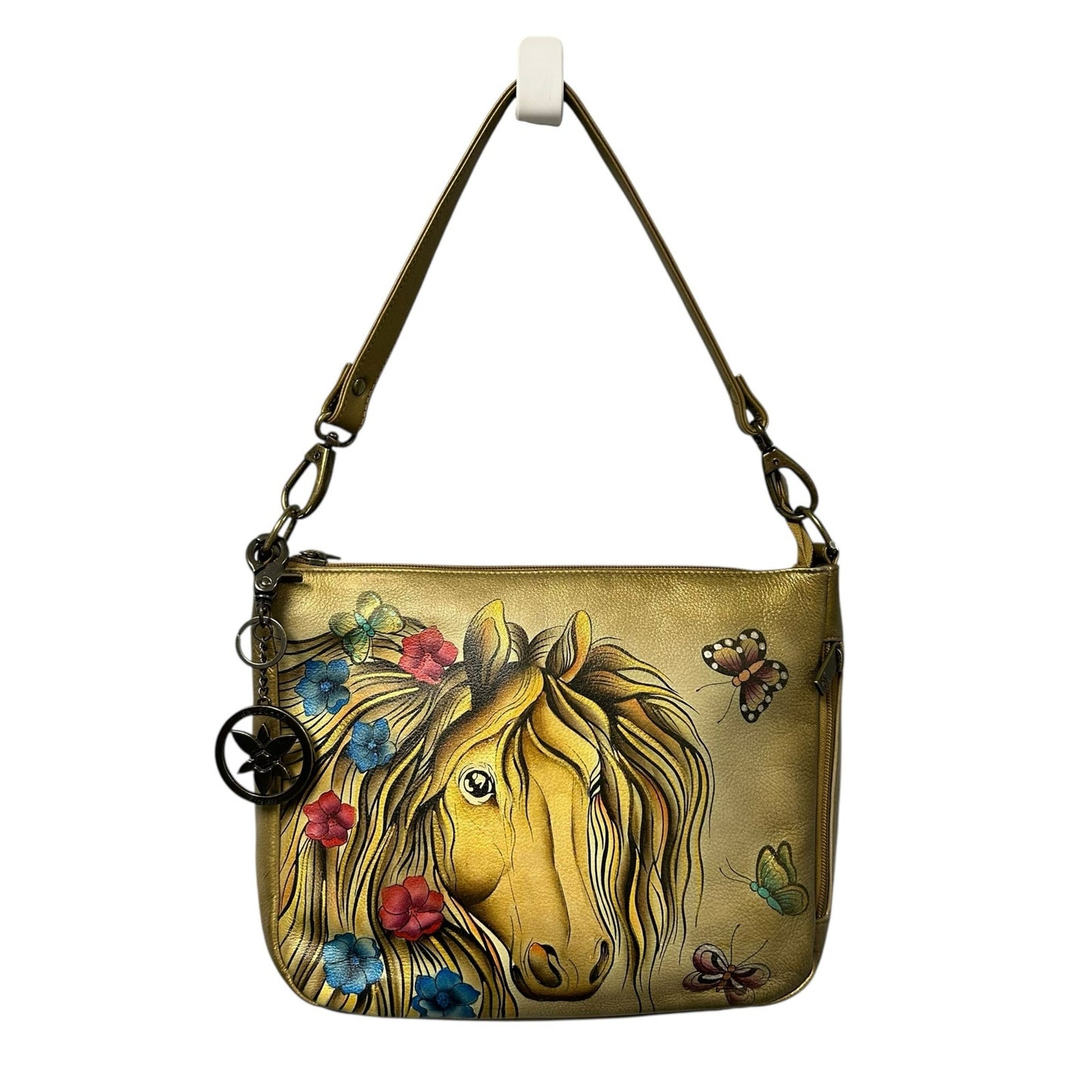 Anuschka Golden Horse Multicolor Butterflies Hand Painted Leather Shoulder Bag