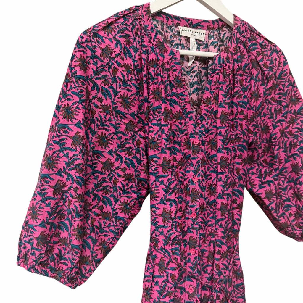 Apiece Apart Palm Floral Mini Mitte Dress Fuchsia Multi Puff Sleeves Size Small