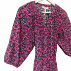 Apiece Apart Palm Floral Mini Mitte Dress Fuchsia Multi Puff Sleeves Size Small