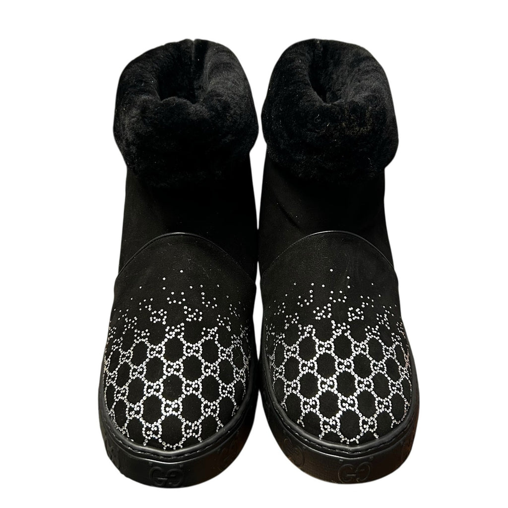 Gucci GG Crystal Motif Black Suede Short Boot Merino Wool Lined Size 39 / US 9