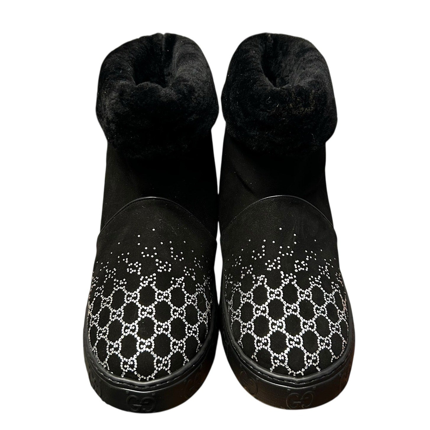 Gucci GG Crystal Motif Black Suede Short Boot Merino Wool Lined Size 39 / US 9