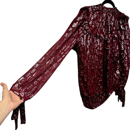 NWT Veronica Beard Red Silver Long Sleeve Mock Neck Brooks Blouse Womens 4