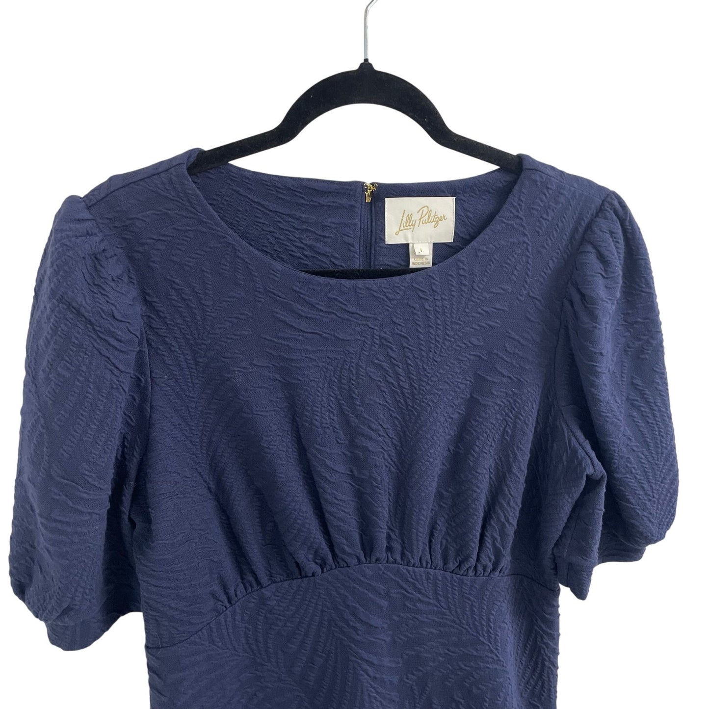 Lilly Pulitzer Kiely Puff Sleeve Jacquard Dress In True Navy Leafy Knit Large