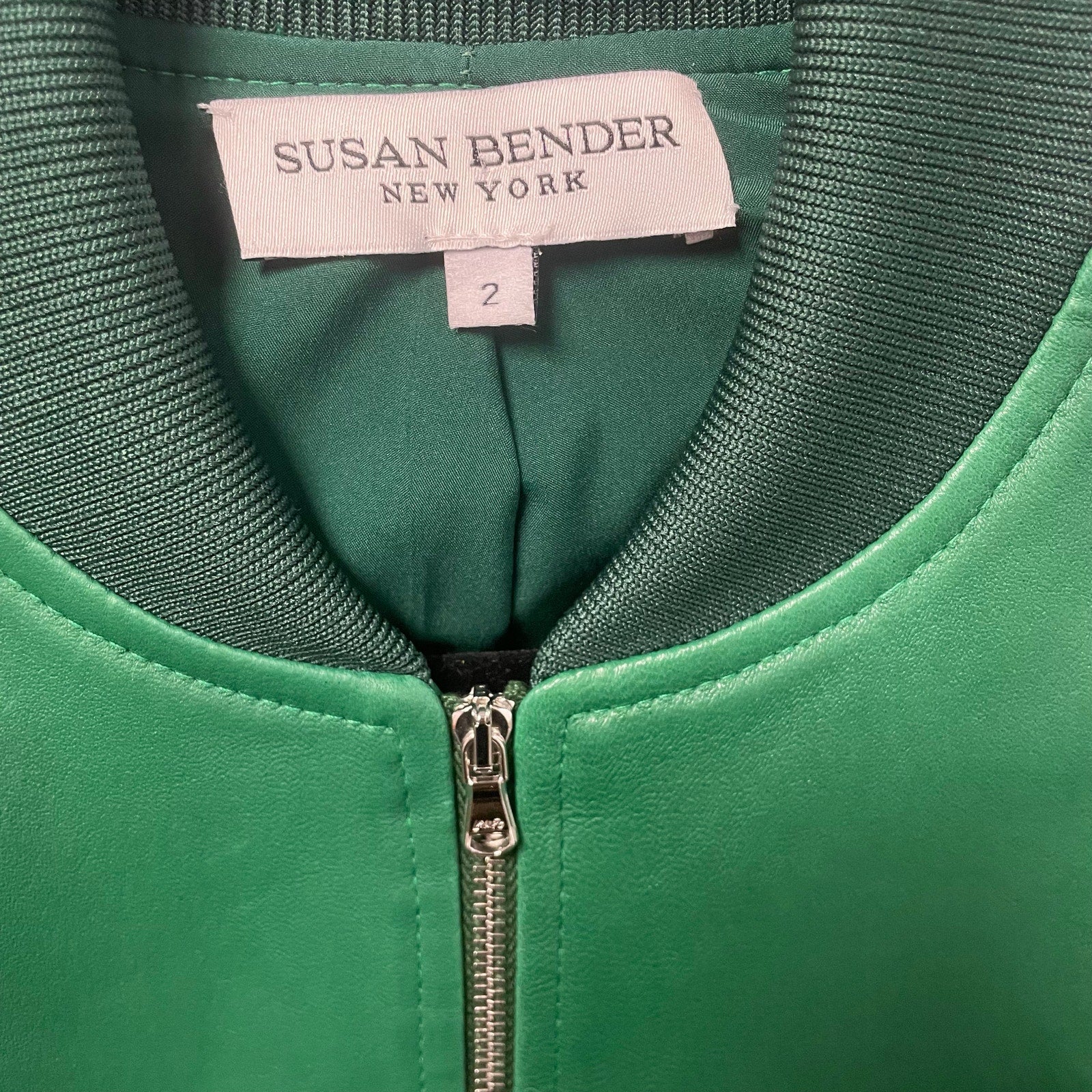 NWT Susan Bender Stretch Leather Stripe Long Sleeve Bomber Jacket Forest Green 2