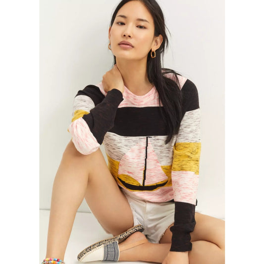 by Anthropologie Pink Multicolor Sailboat Striped Pullover Sweater Womens XS